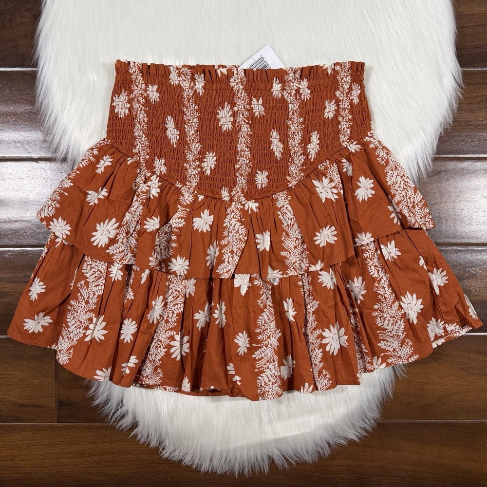 J.Marie Size Small Orange Floral Smocked Ruched Aubrey Tiered Skirt Skort